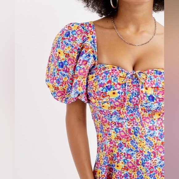 For Love & Lemons Sasha Mini Dress Blue Dizzy Floral Puff Sleeves Size Small - Picture 3 of 16